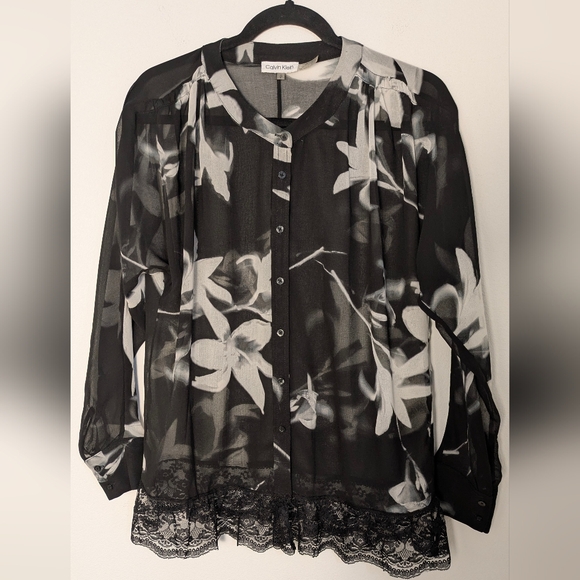 Calvin Klein Tops - Calvin Klein Women’s Floral Chiffon Button-Up Sheer Top Size S Black White Lace